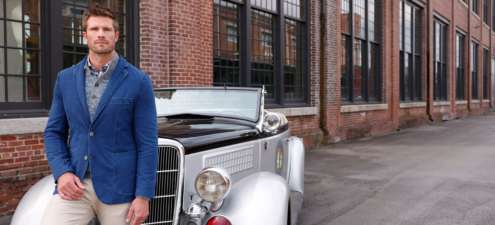 Male model wearing Westport Black Denim Knit Sport Coat