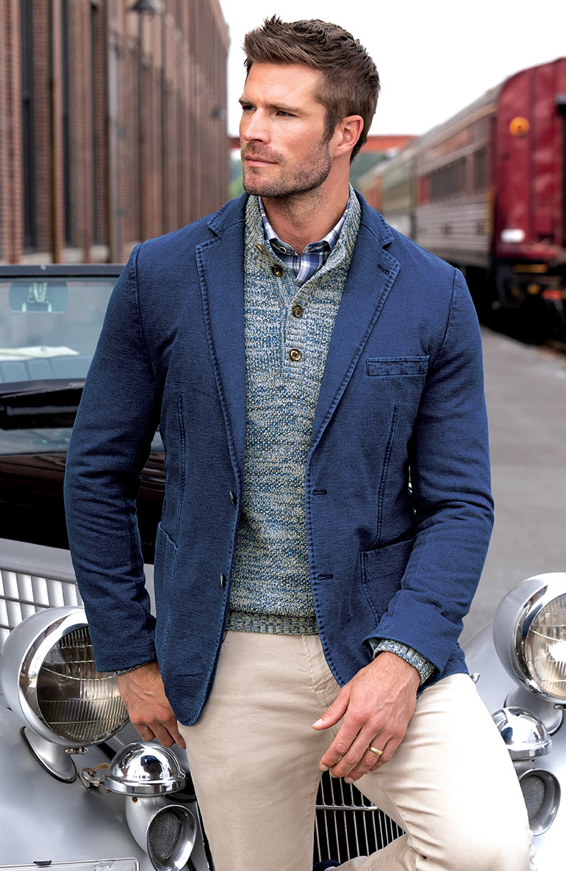 Male model wearing Westport Black Denim Knit Sport Coat