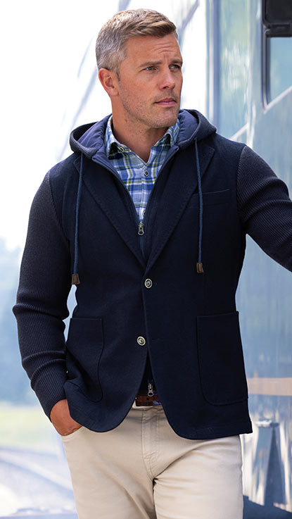 Male model wearing Westport Black Hybrid Knit Blazer, Men's Big & Tall