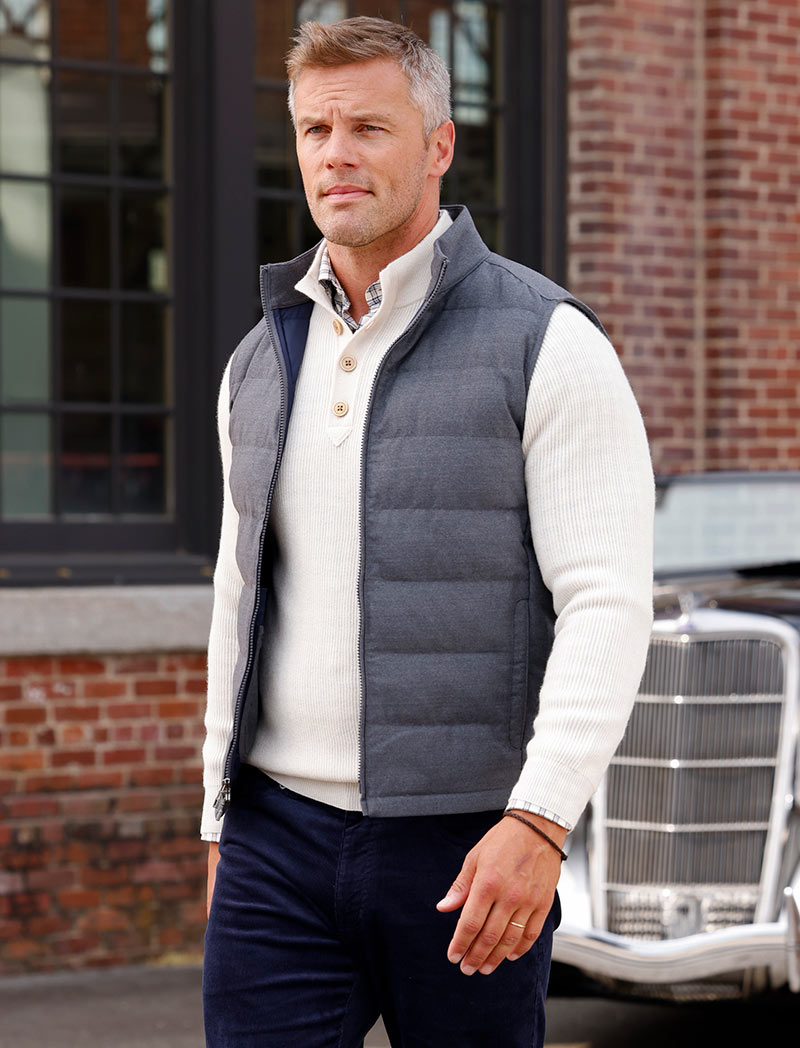 Male model wearing Peter Millar Davos Flannel Vest