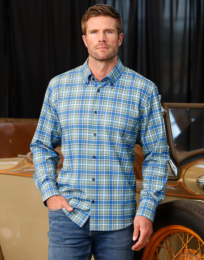 Male model wearing Westport No-Tuck Long Sleeve Button Down Collar Plaid Stretch Performance Sport Shirt