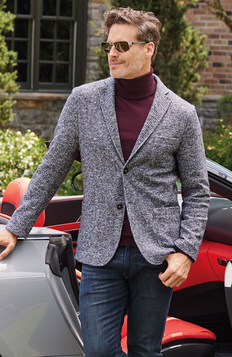 Male model wearing Westport Black Mayfair Knit Blazer