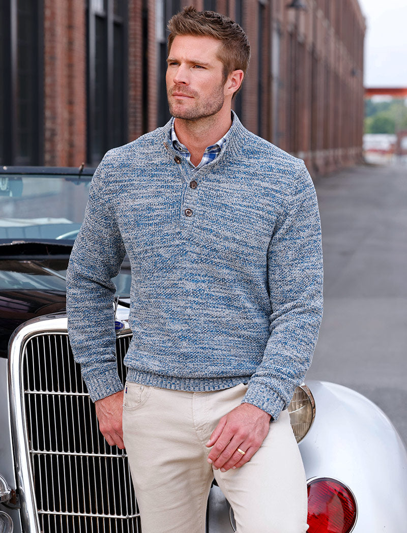 Male model wearing Westport Black Chenille Button Mock Sweater