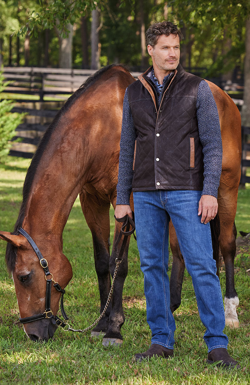 Male model wearing Westport Black Waxed Goat Suede Vest