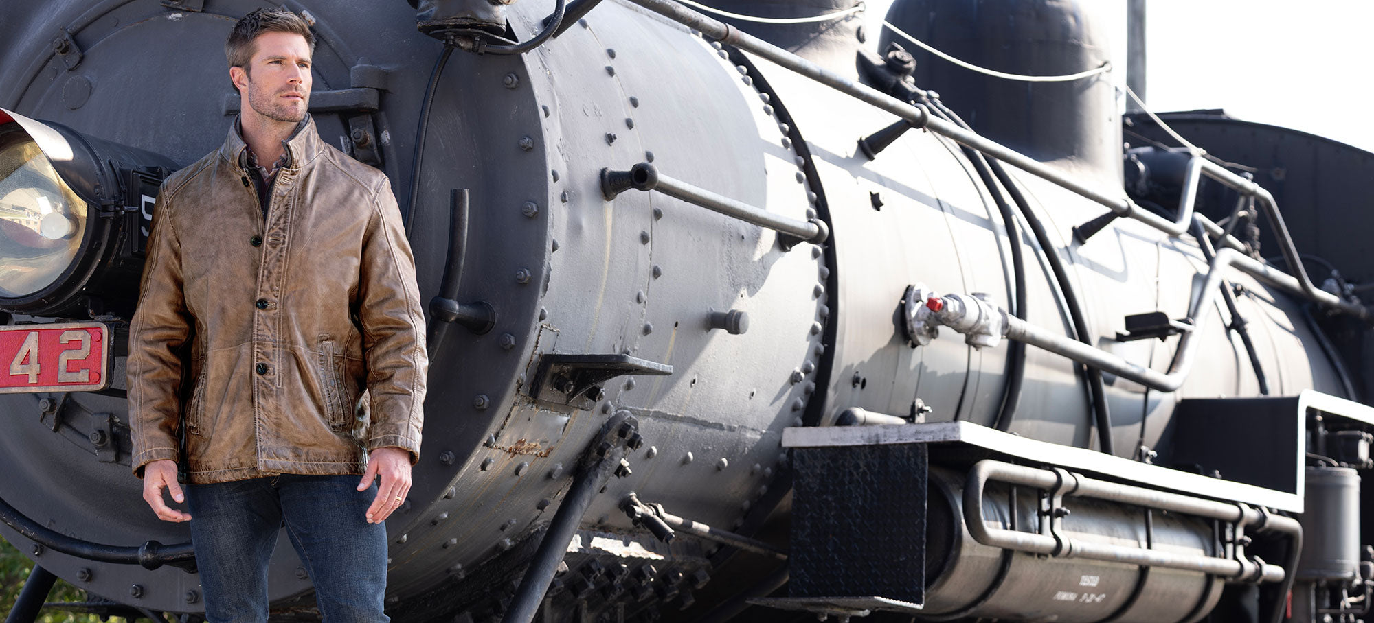 Male model wearing Westport Black Three Quarter Length Leather Jacket