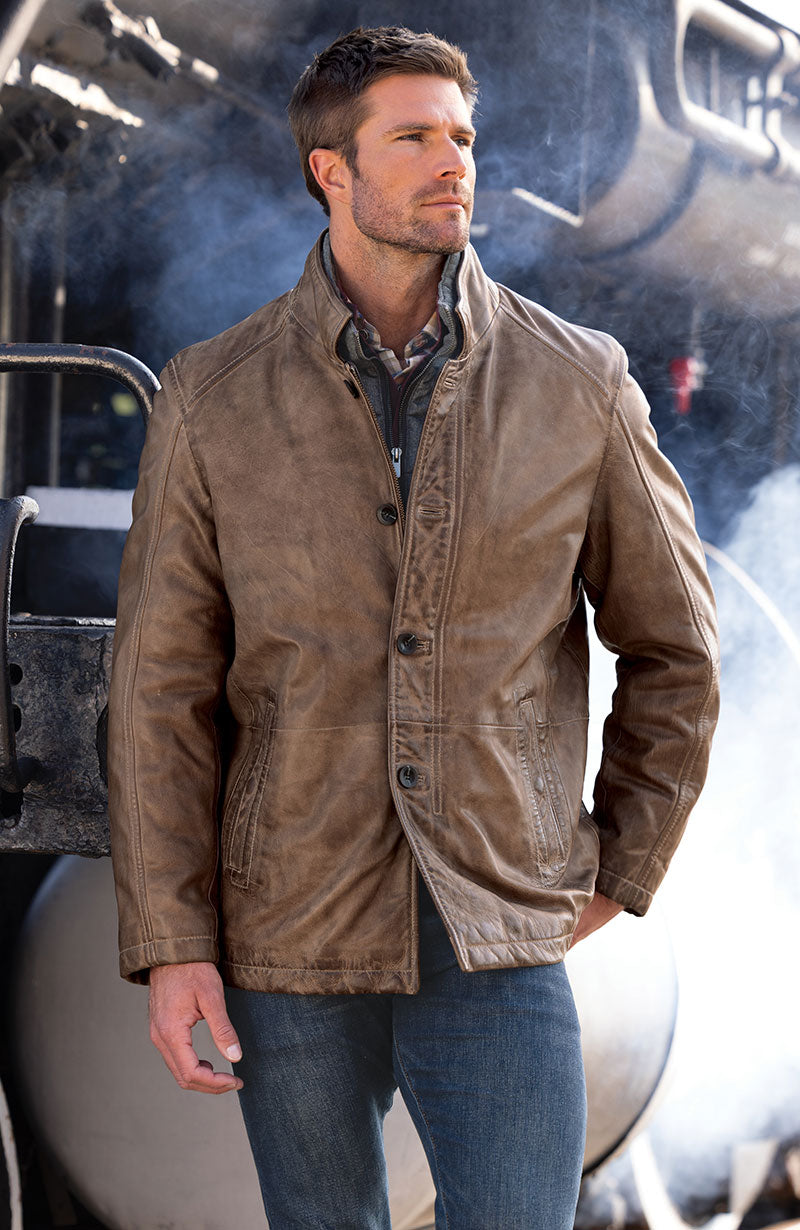 Male model wearing Westport Black Three Quarter Length Leather Jacket