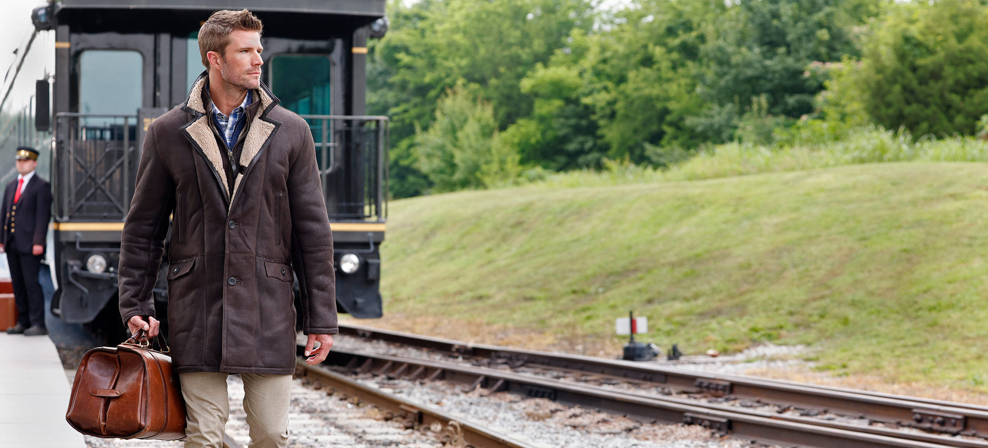 Male model wearing Westport Black Redding Shearling Coat