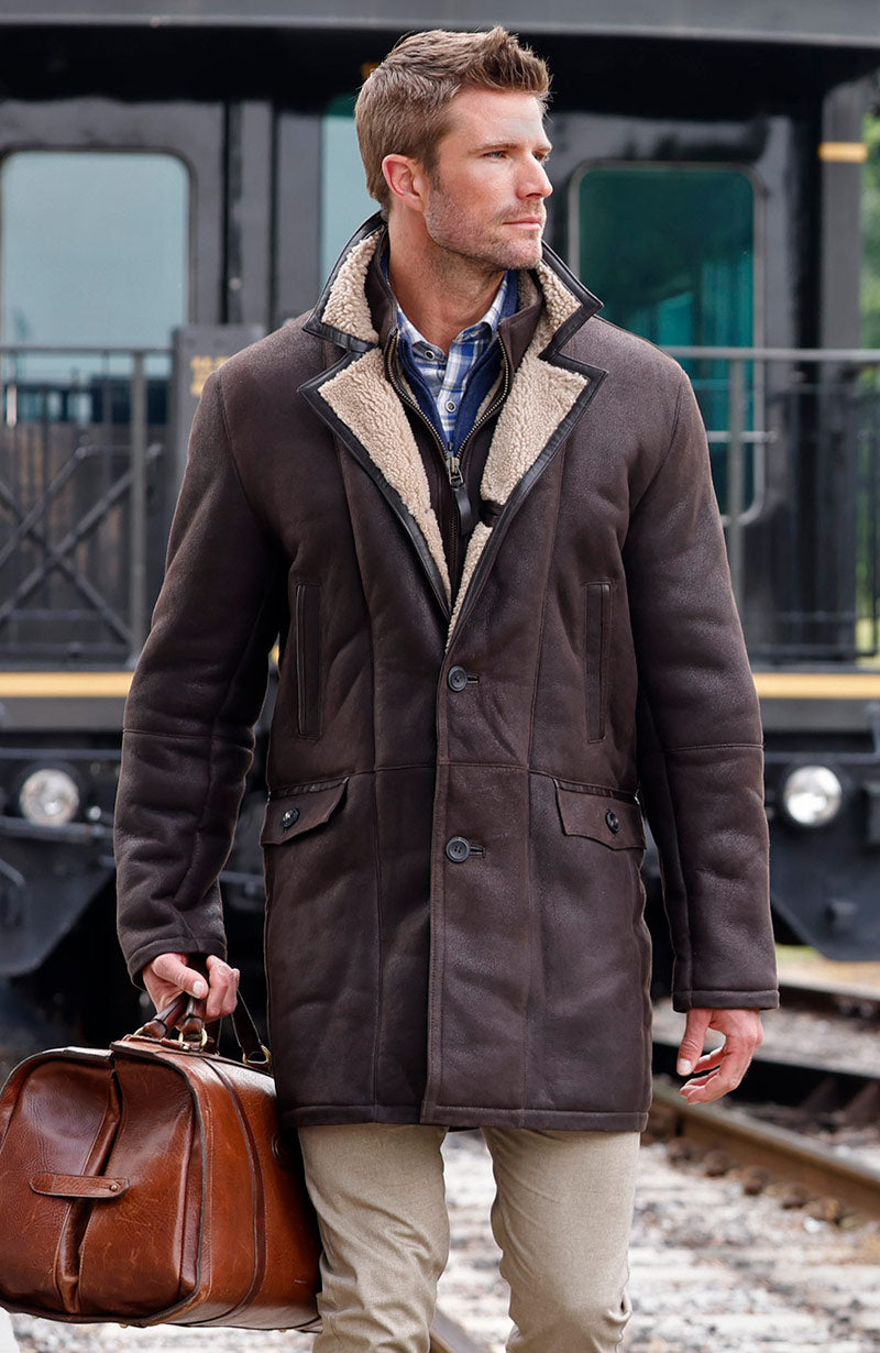 Male model wearing Westport Black Redding Shearling Coat, Men's Big & Tall
