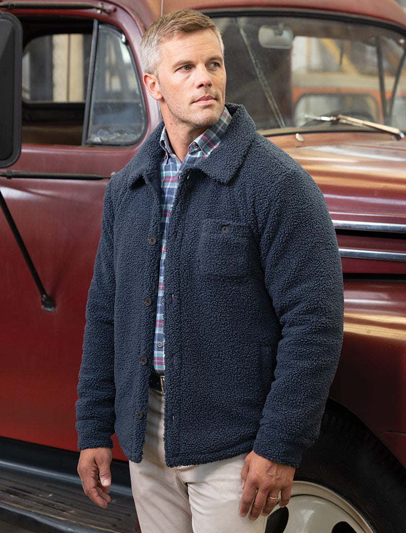 Male model wearing Westport Lifestyle Chetola Sherpa Fleece Shirt Jacket