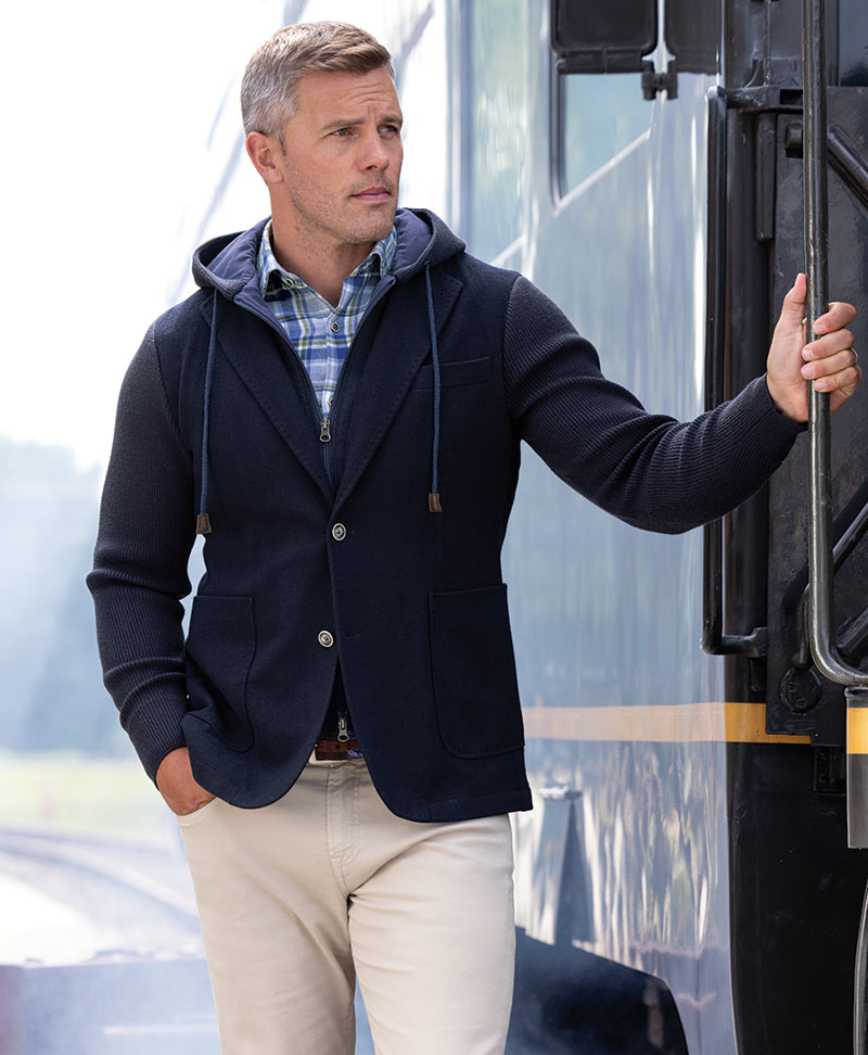 Male model wearing Westport Black Hybrid Knit Blazer, Men's Big & Tall