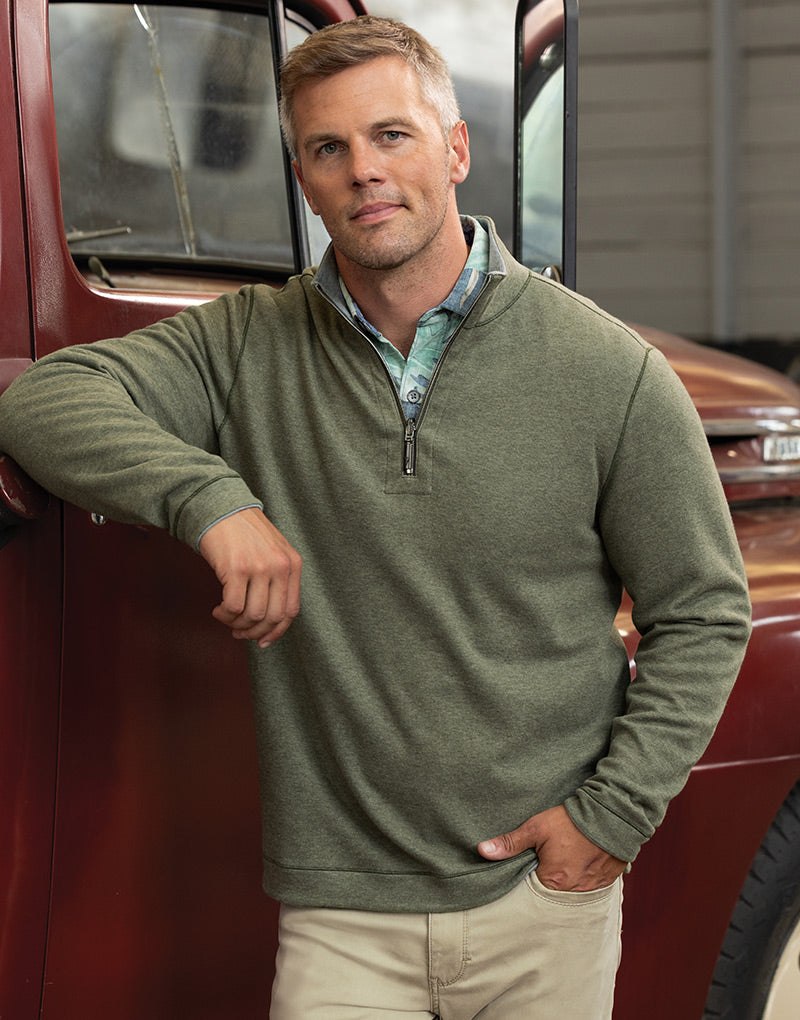 Male model wearing Tommy Bahama Long Sleeve Flipview Half-Zip Pullover, Men's Big & Tall