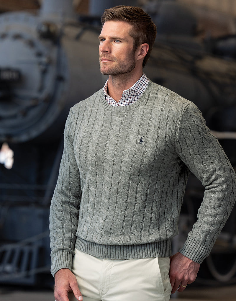 Male model wearing Polo Ralph Lauren Cotton Cable Crew Neck Sweater