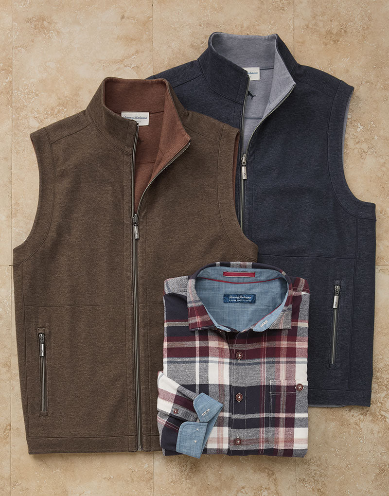 Tommy Bahama Flipview Reversible Full-Zip Vest and Long Sleeve Spread Collar Flannel Sport Shirt