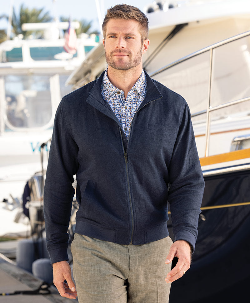 Male model wearing Westport Black Gatsby Linen Blend Bomber Jacket