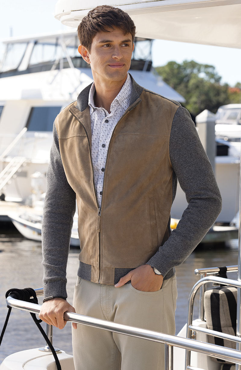 Male model wearing Westport Black Suede Knit Cardigan