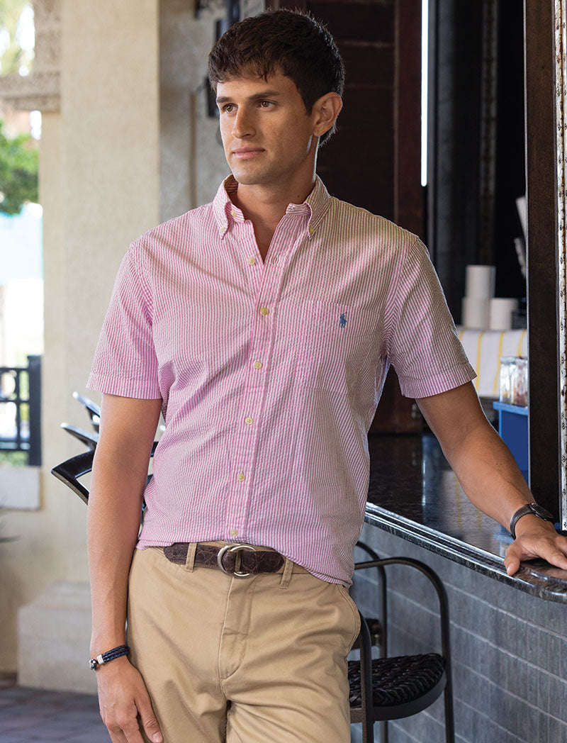 Male model wearing Polo Ralph Lauren Short Sleeve Seersucker Sport Shirt