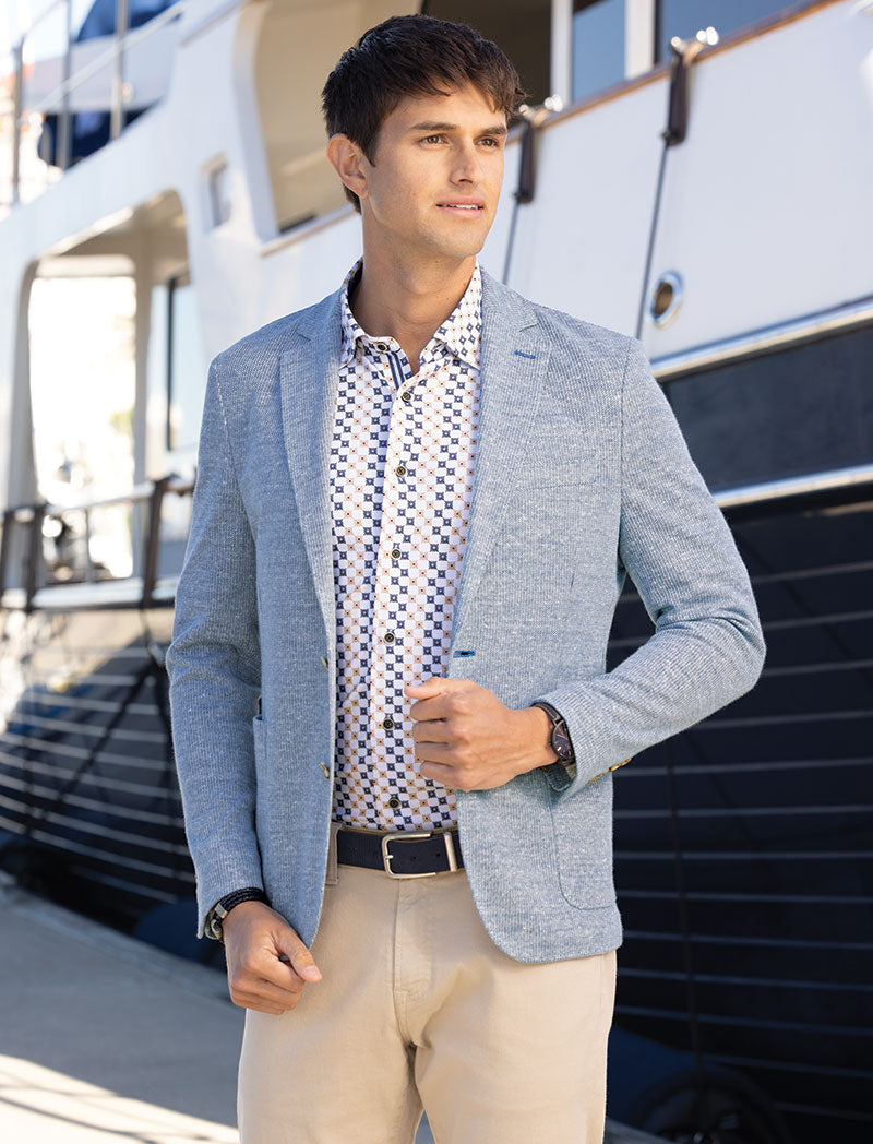 Male model wearing Westport Black Preston Knit Blazer