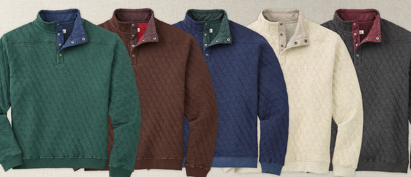 five pullovers with button mock collar