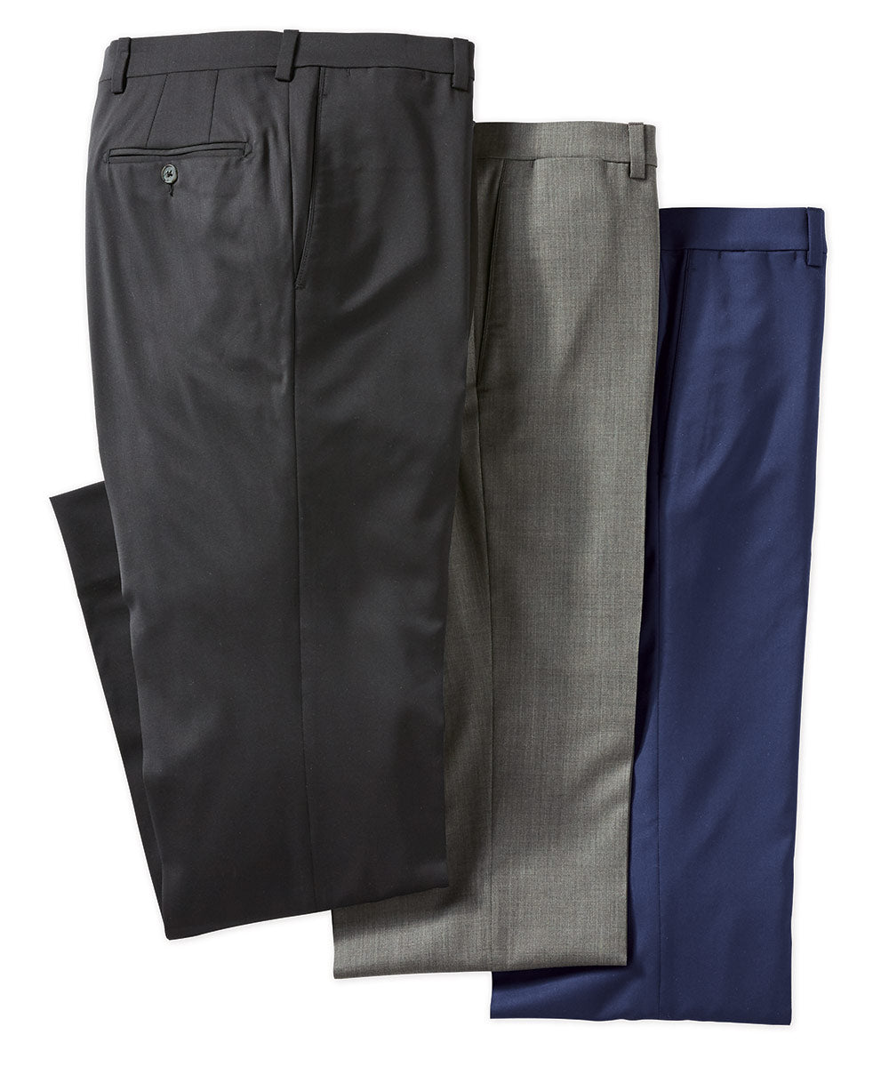 Pantaloni da abito piatti sul davanti in lana elasticizzata 3Sixty5 neri Westport, Men's Big & Tall