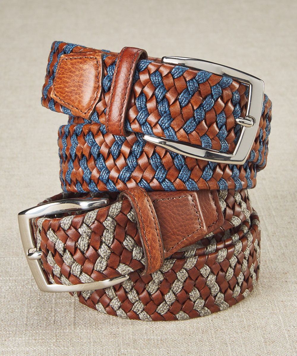 Men’s Big & Tall Italian Leather & Linen Elastic Braid Belt