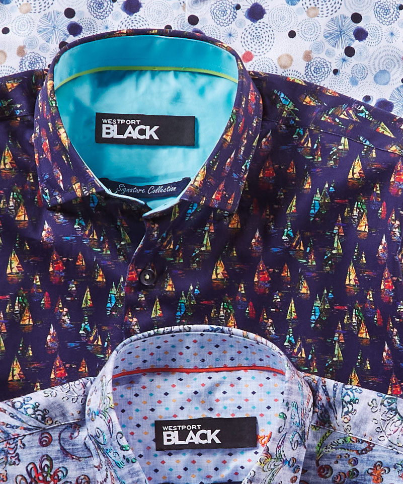 Westport Black Short Sleeve Patterned Sport Shirt