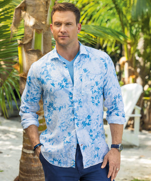 Westport Black Long Sleeve Print Linen Sport Shirt